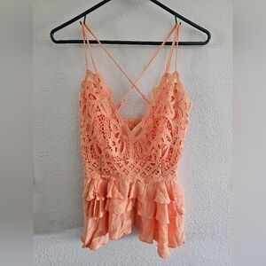 Chelsea & Violet NWT Ruffled Peplum Spaghetti Strap Orange Top Sz S